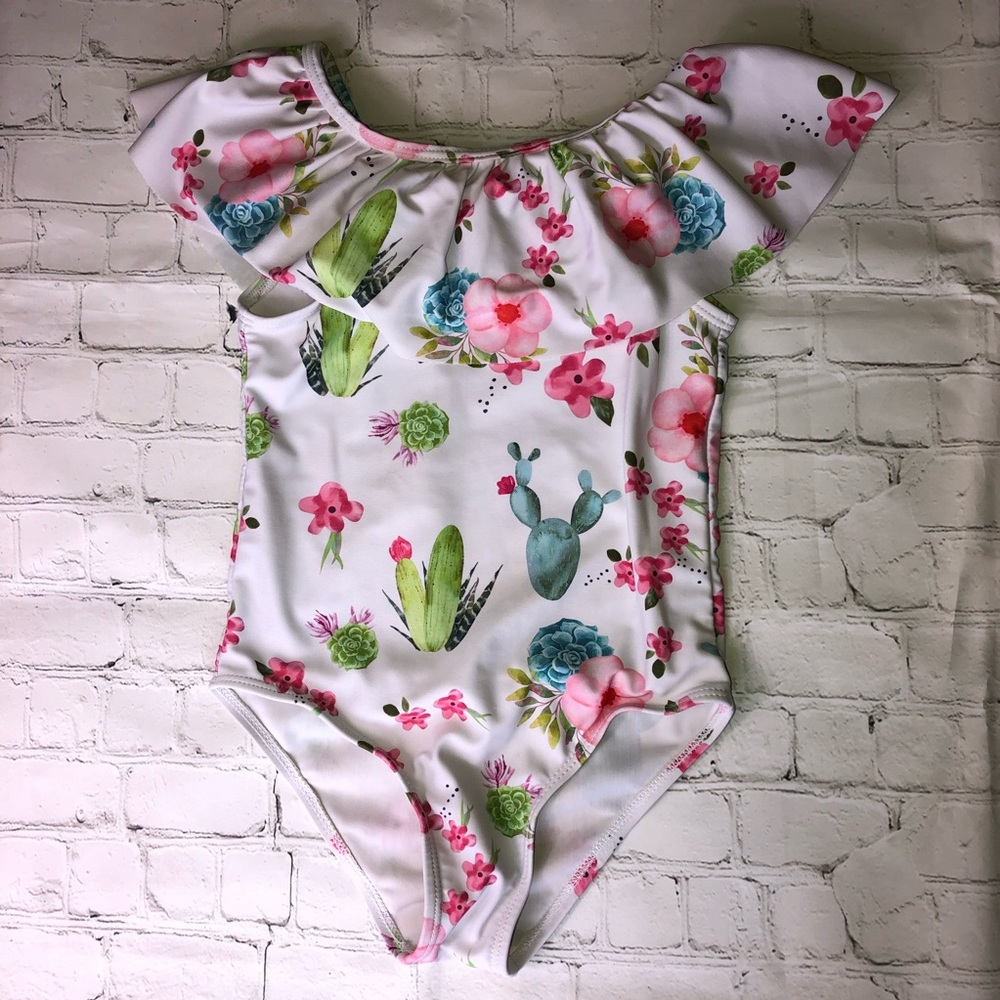 Boutique white with cactus girls bathing suit